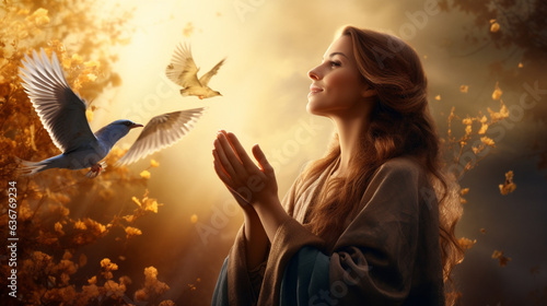 Portrait of smiling woman and cute bird praying and enjoying together in nature forest with beautiful sunlight sunset, Bird flying out of lady hand, Freedom lifestyle and hope concept, AI Generated