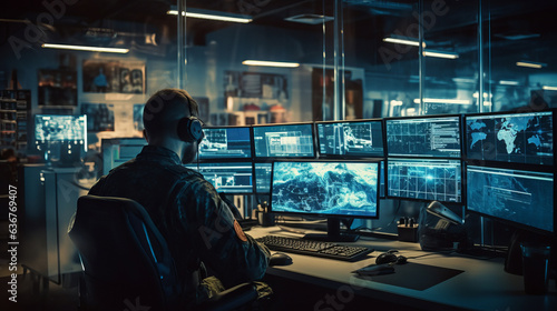 Military Command Center. A soldier or a man in uniform sitting in a command center mission. generative ai 