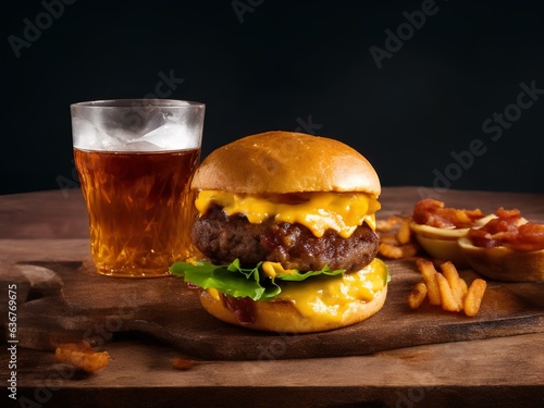 a delicious triple meat burger with bacon and yellow cheese, accompanied with a glass of whiskey on the rocks