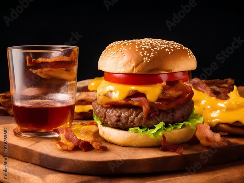 a delicious triple meat burger with bacon and yellow cheese, accompanied with a glass of whiskey on the rocks