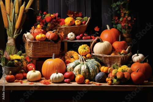 Harvest Bounty Display with Pumpkins and Apples, Thanksgiving, symbols  