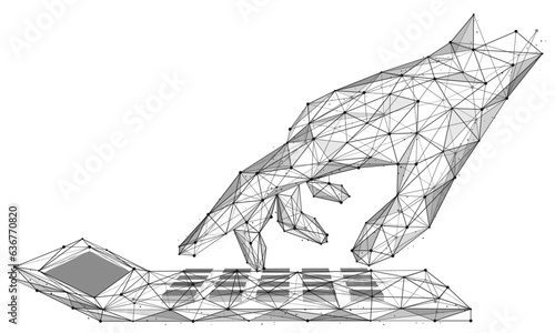 Hand presses the buttons on the calculator. Polygonal design of interconnected lines and points. White background.