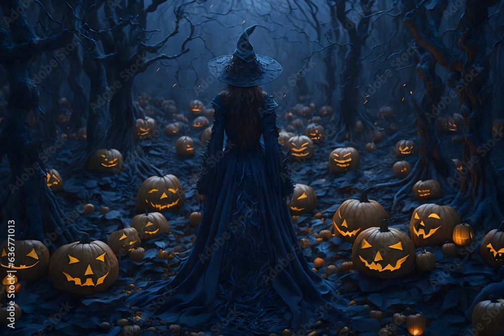 Halloween Witch in a Spooky Dark Forest with Pumpkins and Jack-o'-Lanterns Halloween Witch in a Spooky Dark Forest with Pumpkins and Jack-o'-Lanterns