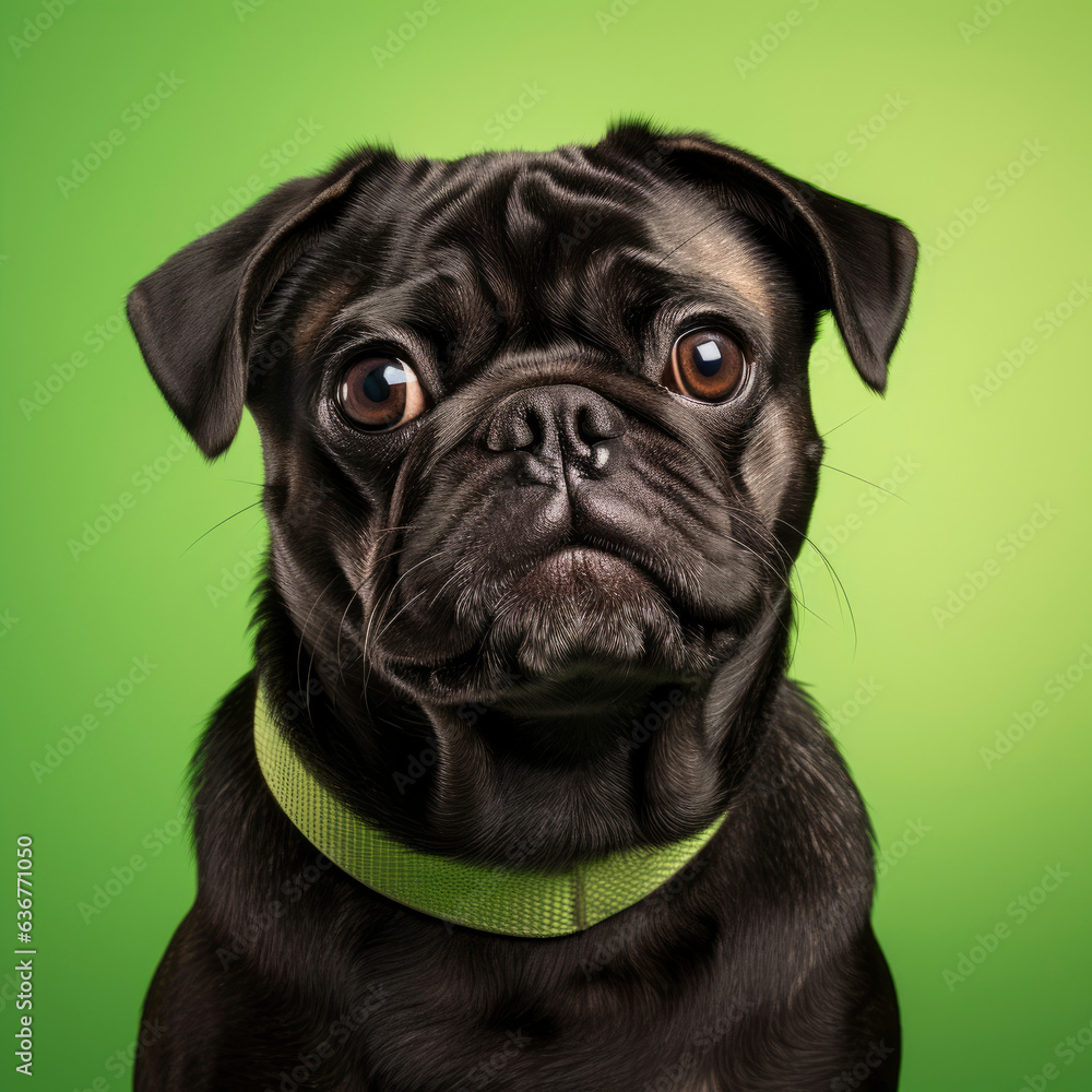 A black pug dog wearing a green collar