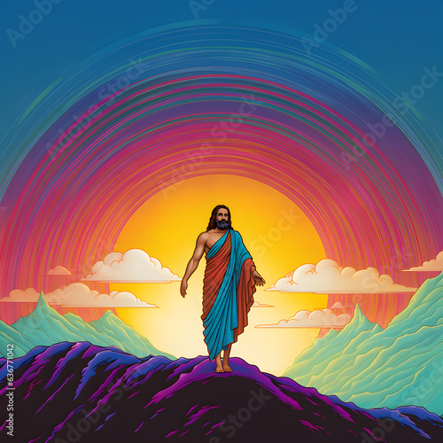 Jesus Christ walking on water at the sea. with colors of rainbow.