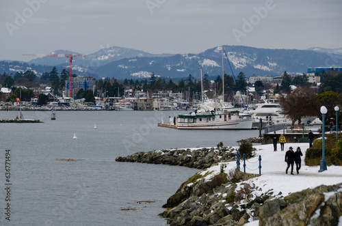 Victoria BC under a blanket of fresh white snow. This capital of BC Canada doesn't often get cold winter weather but when it does and everything is frozen it looks very scenic. photo