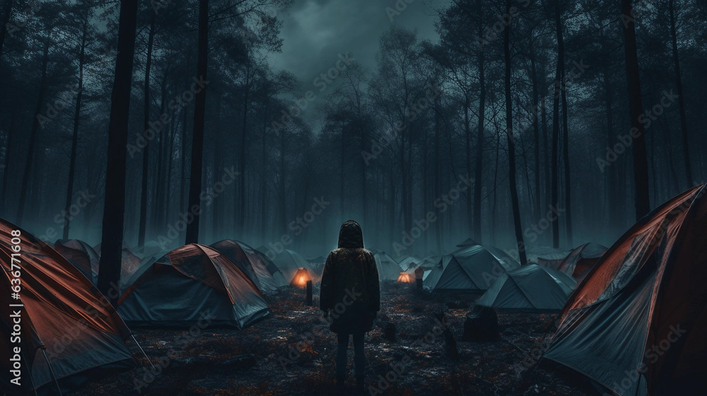 A Young Person Standing in a Creepy Deserted Campsite - obrazy, fototapety, plakaty 