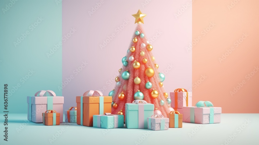 voluminous Christmas tree with brightly colored gifts in light pink and light orange, organic and geometric shapes voluminous Christmas tree with brightly colored gifts in light pink and light orange, organic and geometric shapes