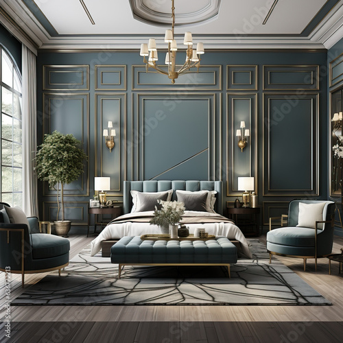 Luxurious large bedroom inspired by neoclassical architecture. Beautiful, rich colors of green, gold and white. Space for art. photo