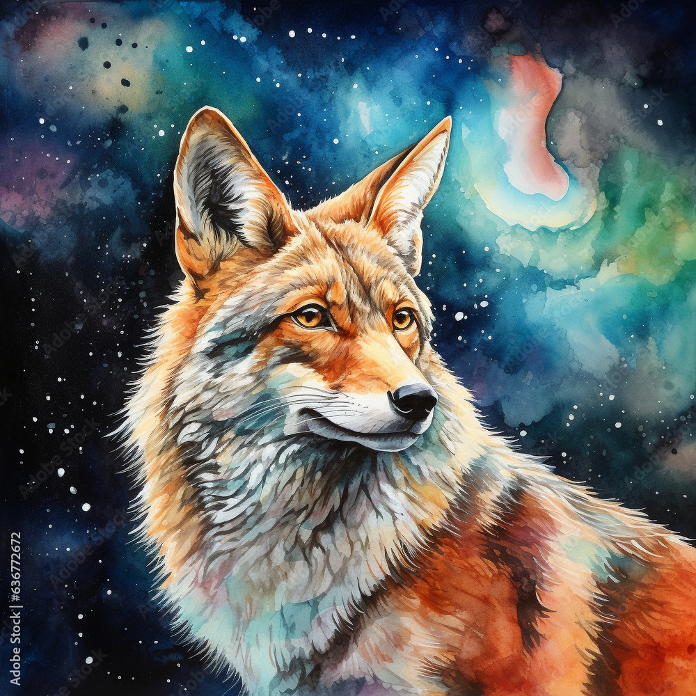 A Watercolor of a Coyote on a Space Background