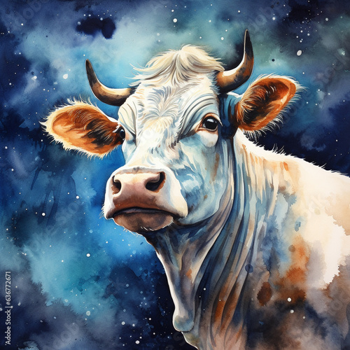 A Watercolor of a Cow on a Space Background