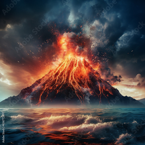 Volcano erupting during storm, Generative Ai