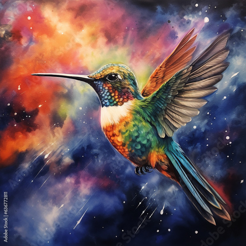 A Watercolor of a Hummingbird on a Space Background © Nathan Hutchcraft