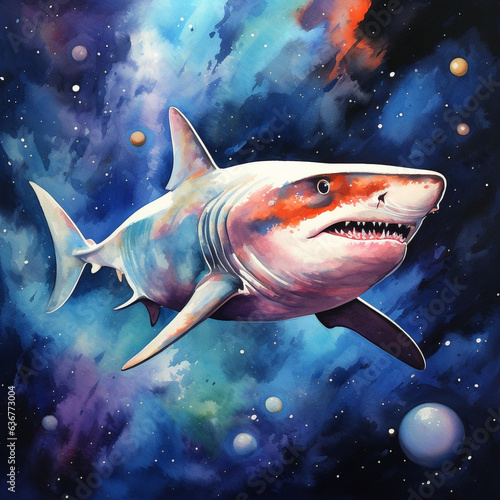 A Watercolor of a Shark on a Space Background