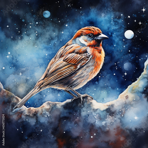 A Watercolor of a Sparrow on a Space Background © Nathan Hutchcraft