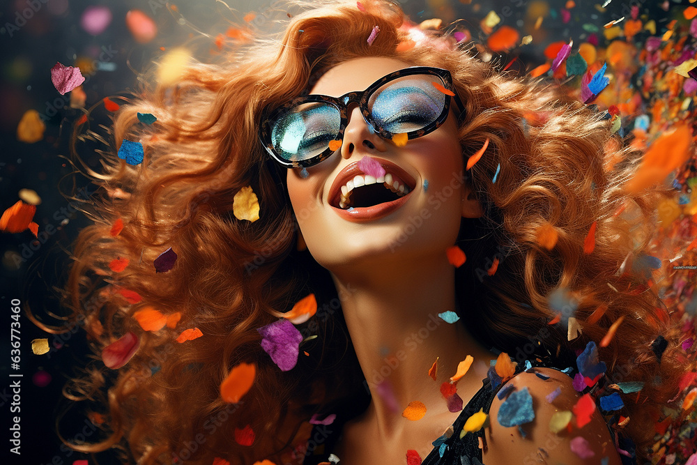 Portrait of a beautiful young woman with flying confetti. Beauty, fashion. party glasses