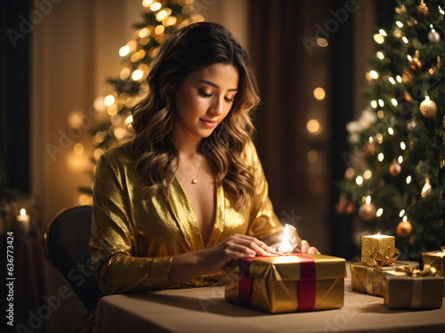 Woman packing christmas gifts in a golden paper, decorated living room, preparing for new year, festive greeting card.