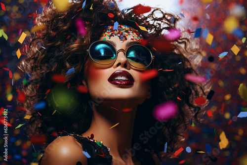 Portrait of a beautiful young woman with flying confetti. Beauty, fashion. party glasses