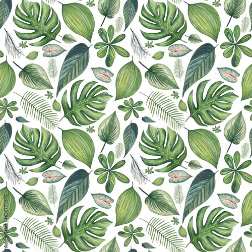 Seamless pattern with tropical green leaves on a white background, watercolor