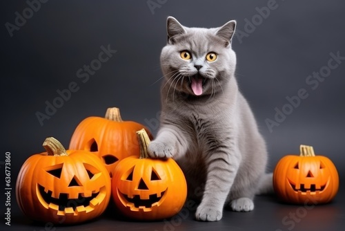 Cat plays near pumpkins on gray background on Halloween © Оксана Олейник