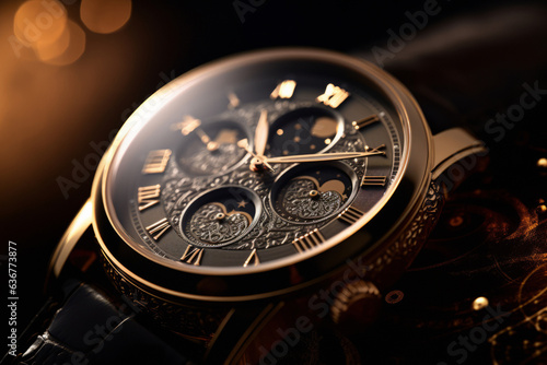 Beautiful men's or women's luxury gold watch on a dark background. generative ai
 photo