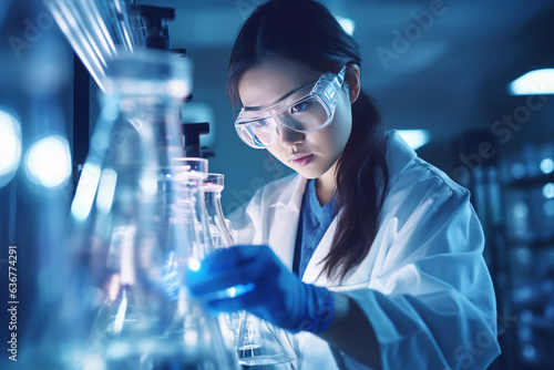 Asian female scientist holding a test tube with a solution in gloves in a research lab or doing chemical experiments. generative ai photo