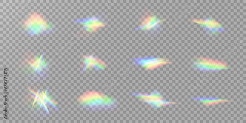 Crystal and jewelry, prism, glare. Rainbow glowing glitter vector set. Realistic diamond reflection, rainbow light optical effect. Lens colorful refraction vector set. Colorful optical rainbow lights.