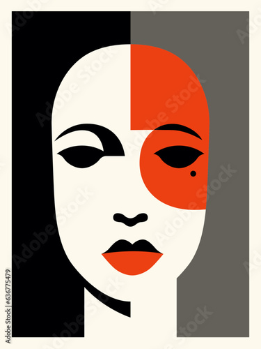 Beautiful woman, minimalist screenprint poster, mid century modernism style, high contrast, negative space, vector art editable art. photo