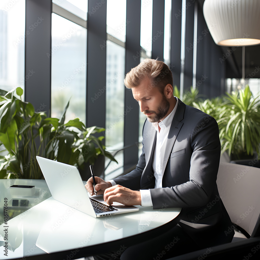 A businessman working in an office on his laptop. A businessman working in an office on his laptop.