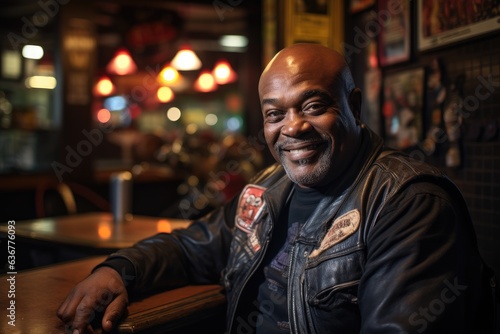 Portrait of a smiling middle aged african american biker looking at the camera in a biker bar