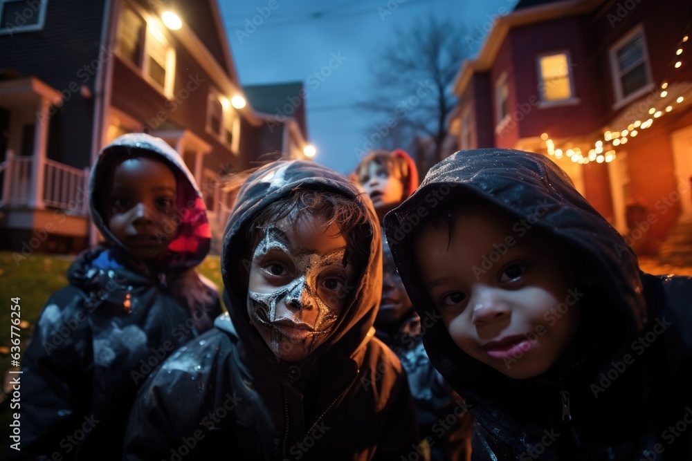 Young diverse group of kids trick or treating in the suburbs of a city during halloween at night