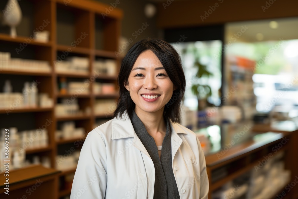 Smiling young female asian pharmacist looking at camera in a pharmacy