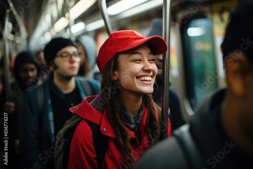 Young diverse and mixed group of students smiling and laughing while going to school on a subway in New York © Geber86