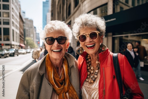 Senior female lesbian couple smiling on a street in the city