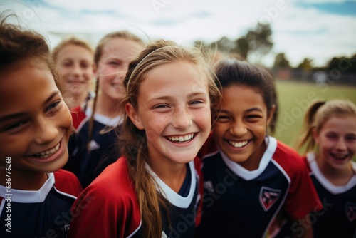 Diverse and mixed group of young female soccer players smiling and posing for a team photo on the soccer field