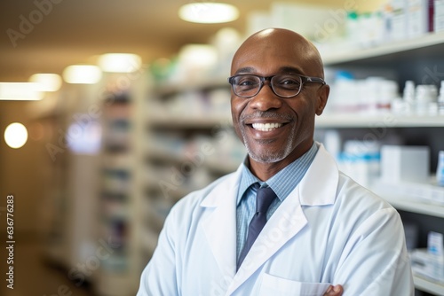 Portrait of a middle aged african american pharmacist looking at camera in a pharmacy