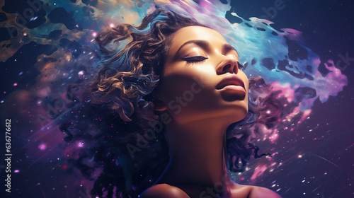 AI-Powered Euphoria: Expressive Portrait of a Woman Blending with Cosmic Nebula and Digital Authenticity