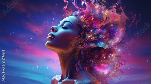 AI-Powered Radical Vision: Surreal Portrait of a Woman Interwoven with Cosmic Nebula, Expressive Digital Artistry, and Euphoric Dream Elements