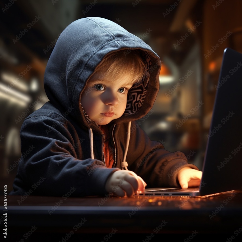 illustration of a baby geek playing and coding on his computer, IA generated illustration of a baby geek playing and coding on his computer, IA generated