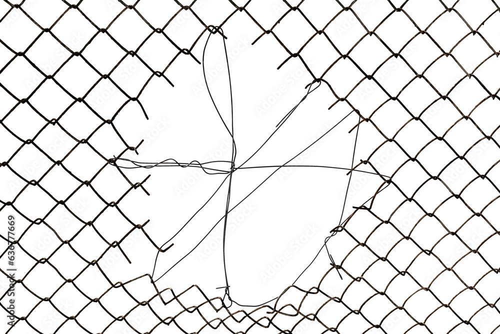 The texture of the metal mesh. Torn, destroyed, broken metal mesh on a white background The texture of the metal mesh. Torn, destroyed, broken metal mesh on a white background