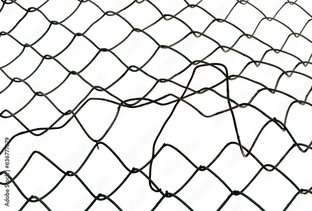 The texture of the metal mesh. Torn, destroyed, broken metal mesh on a white background The texture of the metal mesh. Torn, destroyed, broken metal mesh on a white background