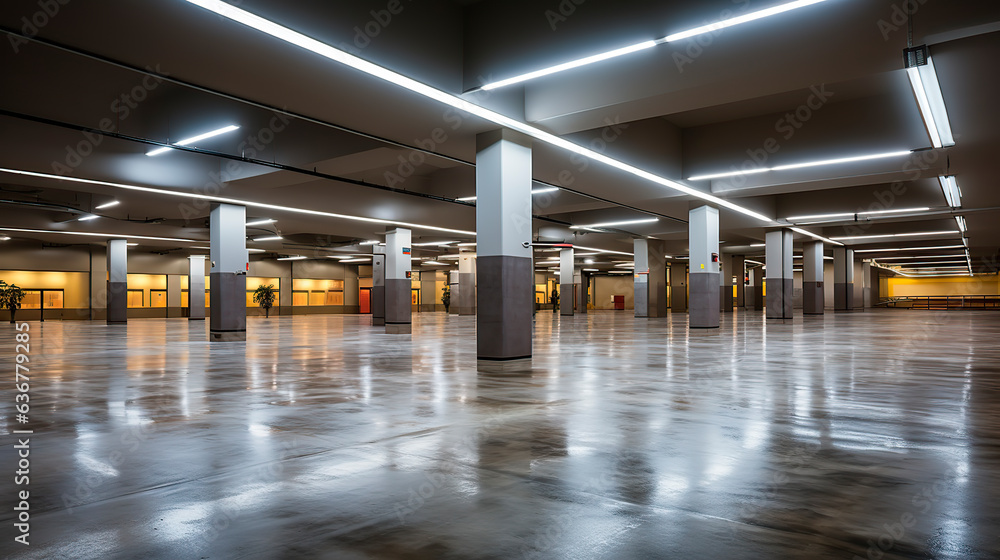 Empty shopping mall underground car park with columns painted in concrete stripe