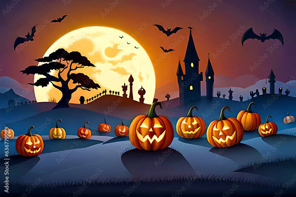 Free vector of Halloween night moon composition with glowing spooky pumpkins, vintage castle and bats flying over cemetery flat