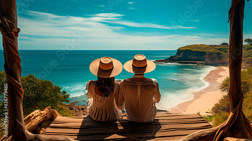 Fototapeta Naklejka Na Ścianę i Meble -  Couple with straw hats chilling enjoying beautiful views over the ocean