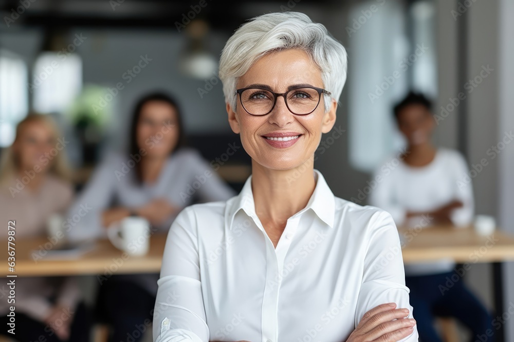 Attractive businesswoman woman posing at her work place with coworkers in the background Attractive businesswoman woman posing at her work place with coworkers in the background