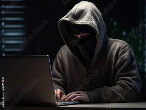 osoba w masce na twarzy w bluzie dresowej w kapturze siedzi przed laptopem przy biurku i pisze na klawiaturze.