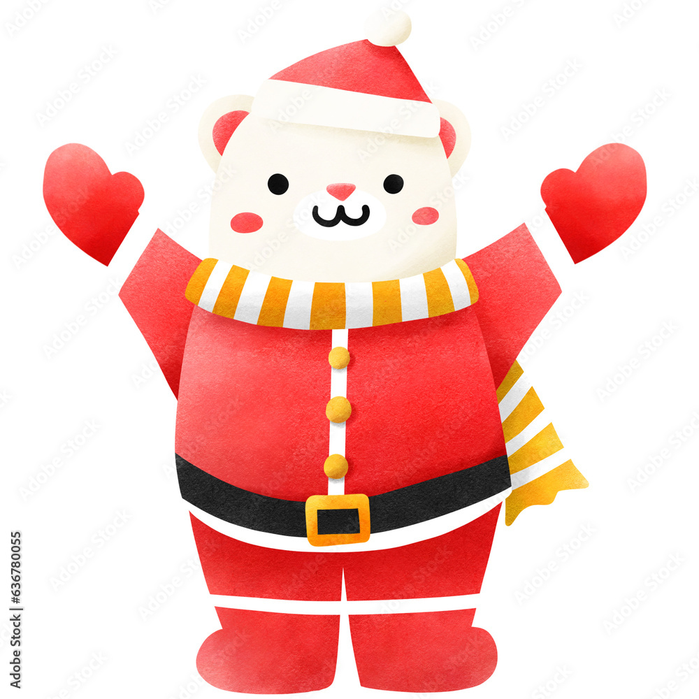 Fototapeta premium hand drawn polar bear wear santa claus costume png illustration, winter concept isolated background.