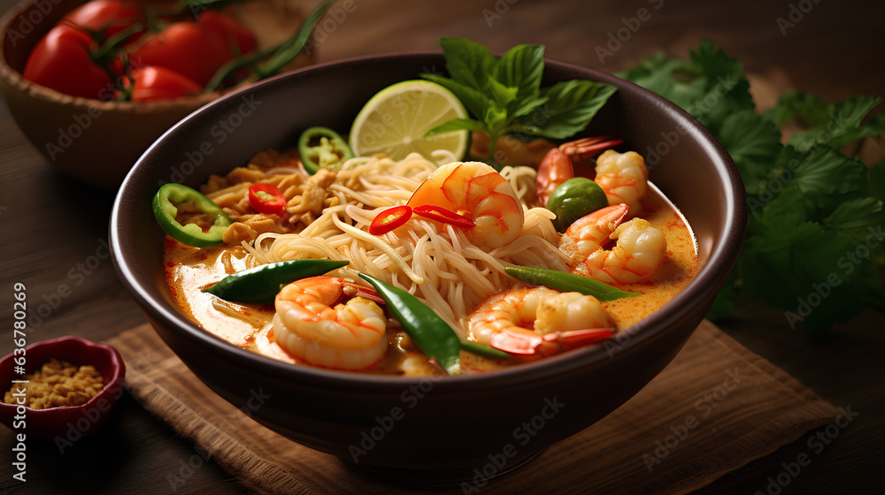 A bowl of laksa Sarawak, a popular Malaysian noodle soup, is made with vermicelli, shrimp, chicken and spicy coconut milk broth. A bowl of laksa Sarawak, a popular Malaysian noodle soup, is made with vermicelli, shrimp, chicken and spicy coconut milk broth.