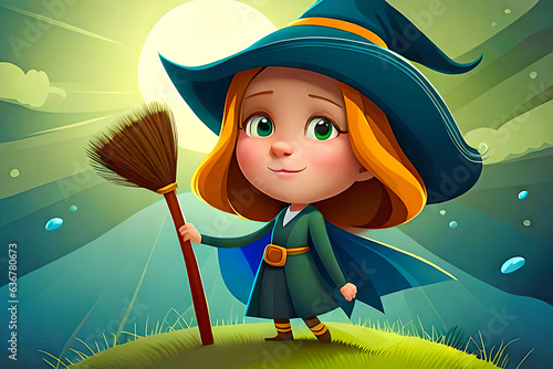 Cute Halloween witch with broom Illustration. Ai Generative photo