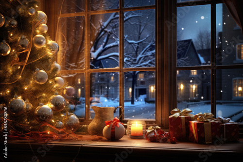 Christmas tree, gifts and decorations. Window with christmas lights in the background. AI generated